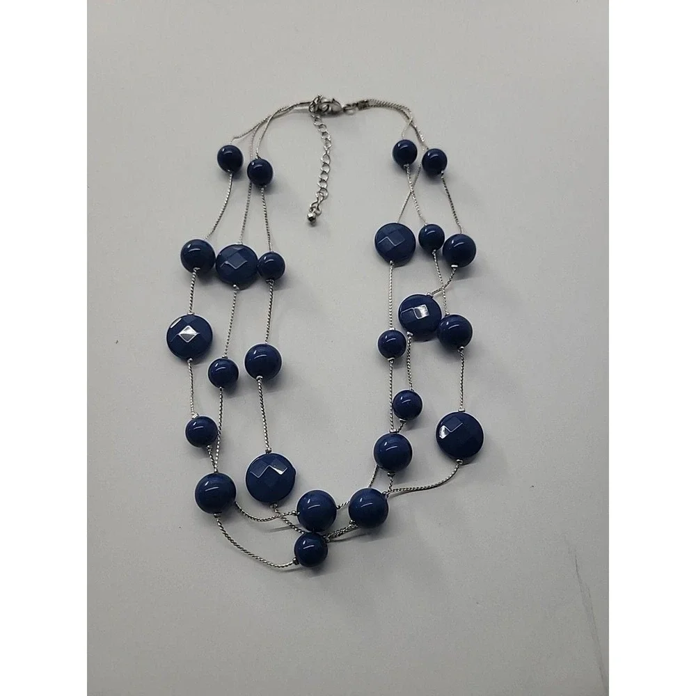 Vintage Blue Bead Multi Strand Silver Tone Necklace‎ Long Layered Statement